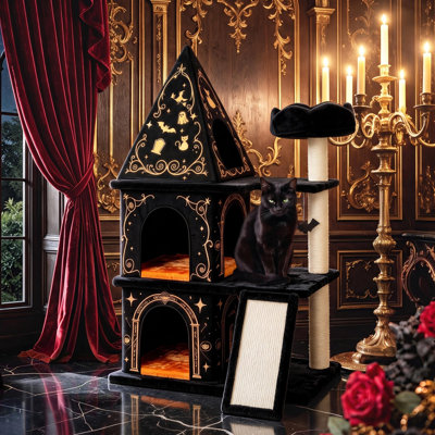 47.2" Halloween Gothic Cat Tree, Black Velvet Castle with Condos & Sisal Post
