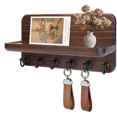 Wall Mounted Wooden Key Holder with Storage Tray & 6 Metal Hooks, Entryway Mail Organizer Key Rack for Home Hallway Decor, Brown