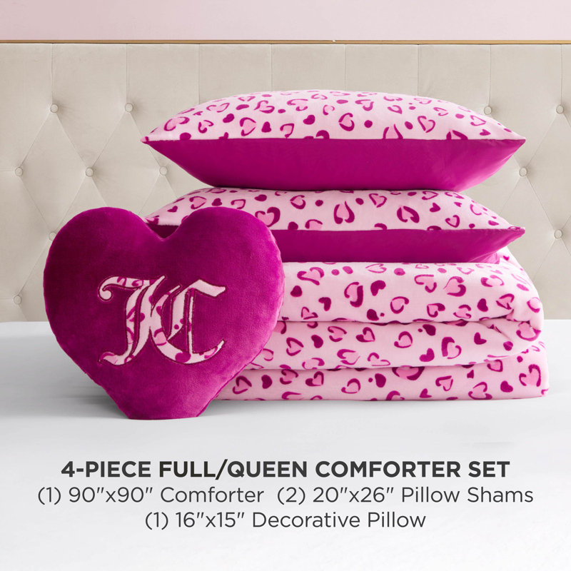 Juicy Couture Plush Reversible Leopard Hearts Comforter Set with Decorative Pillow, Full/Queen