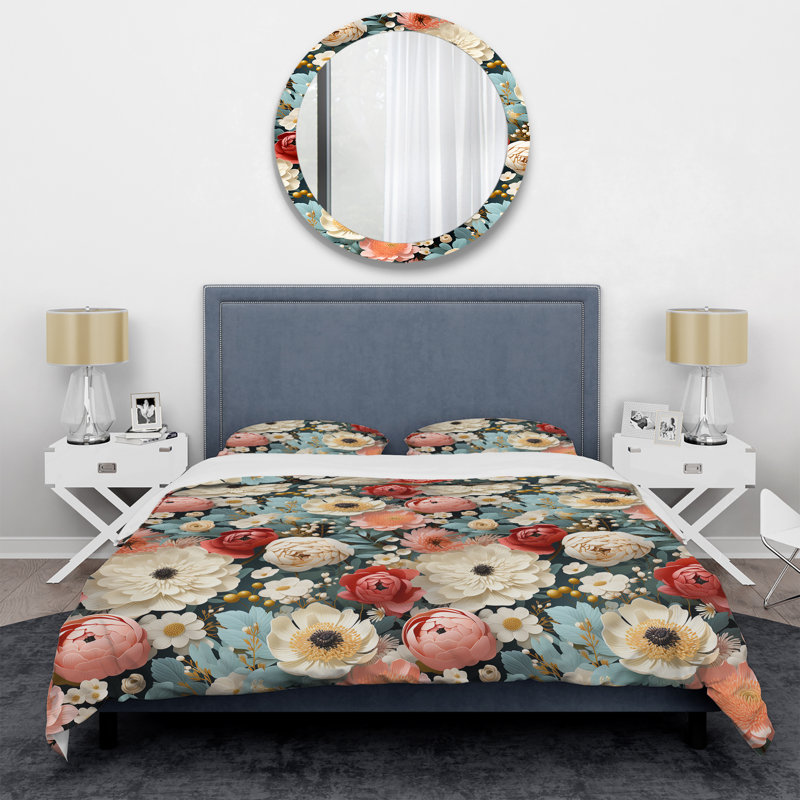 Ensemble de housse de couette à motif floral rose et beige Delight, Housse de couette simple + 1 taie décorative stan