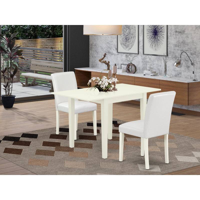 L'ensemble de table de cuisine 3 pièces comprend une table de salle à manger rectangulaire avec Dropleaf et 2 chaises Parsons en similicuir blanc, lin blanc
