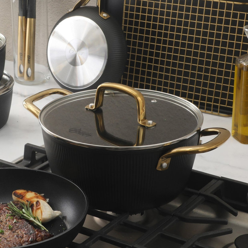 Oster Abbottsford Nonstick Aluminum Dutch Oven with Glass Lid in Black, 4.4 quarts