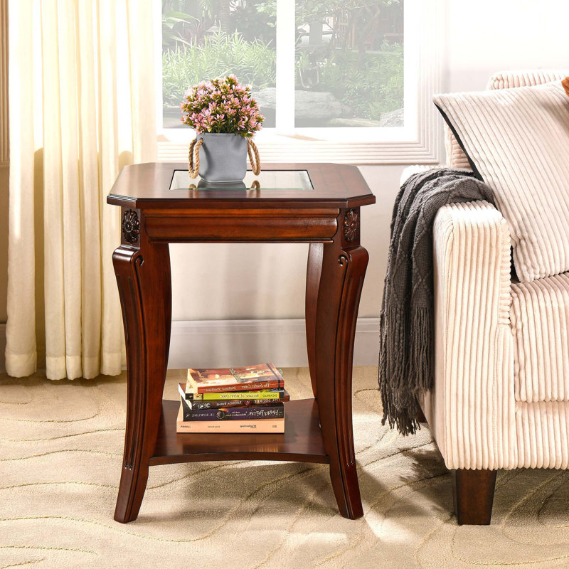 Traditional Wood End Table  And Curved Legs, Glass
