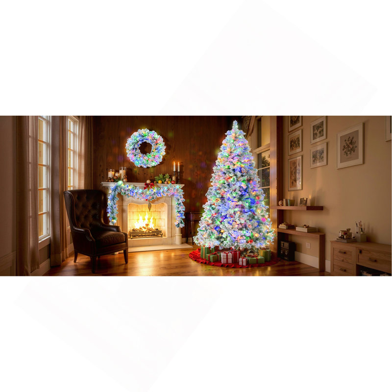 Arbre de Noël enneigé 6 pi, ensemble illuminé avec arbre, guirlande et couronne, arbre de Noël articulé artificiel avec lumières DEL colorées, 8 modes d'éclairage, pommes de pin, décoration des Fêtes pour la maison