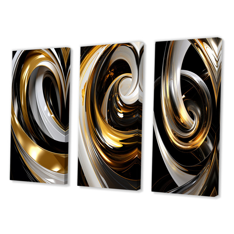 Liquid Gold Black And White Swirling Dimension II - Abstract Spirals Art Set Of 3 Pieces, Toile tendue, H 32 po x l 48 po