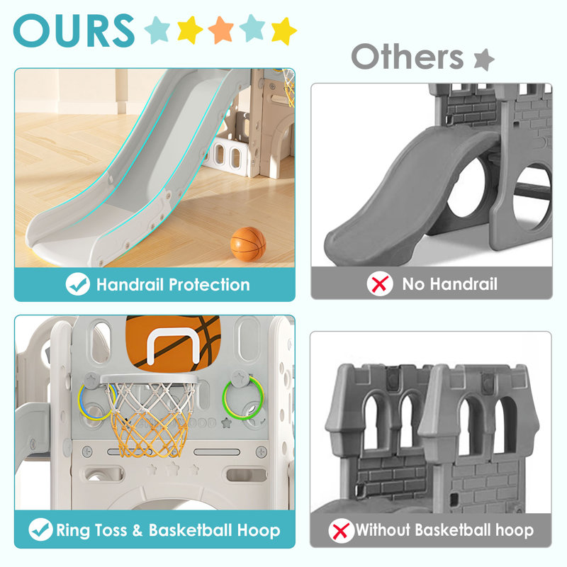 9-in-1 Beige and Gray Toddler Playset with Slide and Basketball Hoop