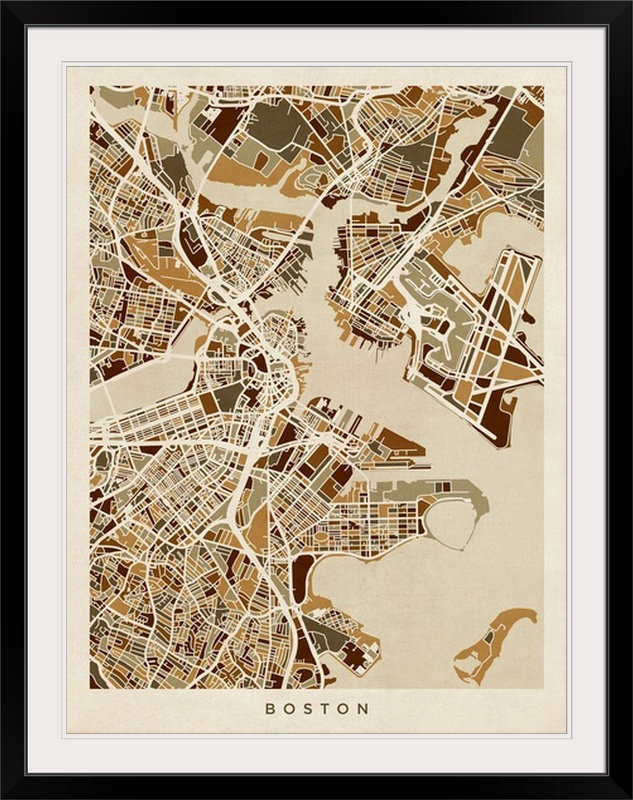 «Boston Massachusetts Street Map» par Bellen, impression, Cadre noir, H 32 po x l 26 po x P 1 po