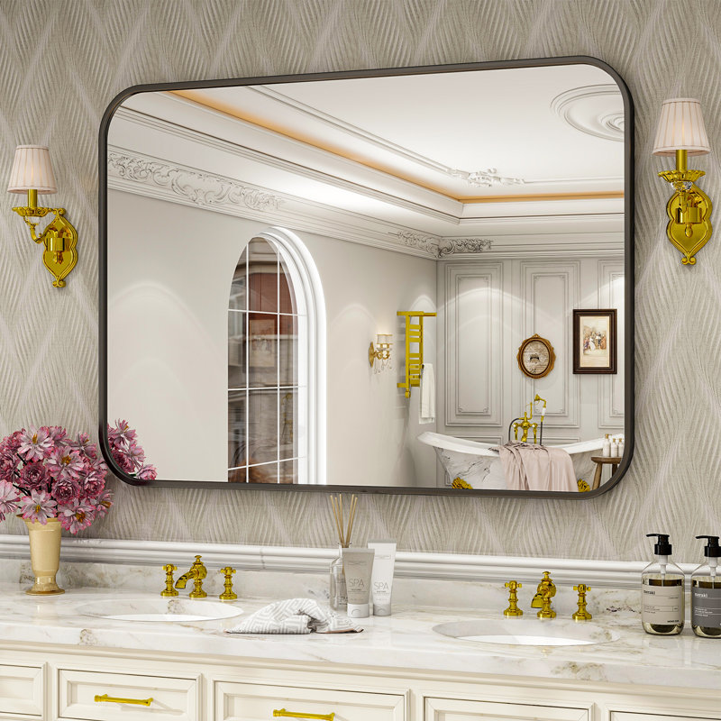 Odean Rectangle Metal Large Wall Mirror, 39" x 29", Black