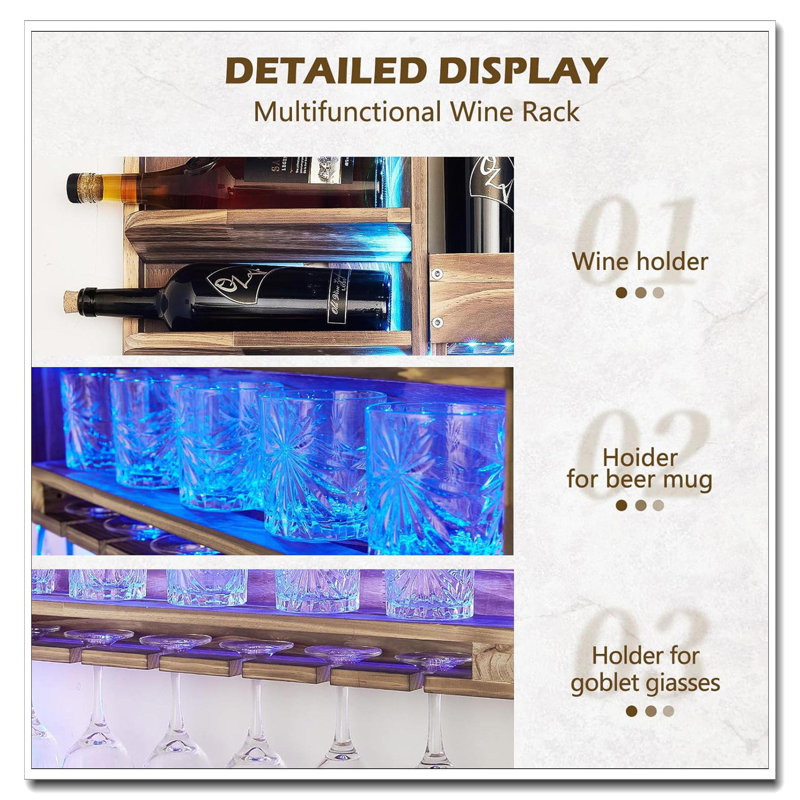 Support à vin mural en bois rustique - avec lumière DEL, porte-verres à pied et rangement en liège, présentoir pour boissons alcoolisées (bar / cuisine à domicile)