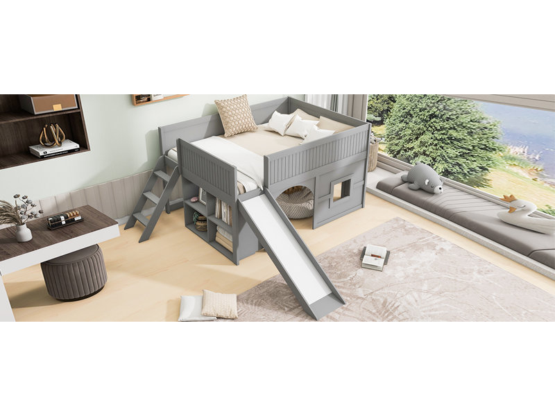 Mapleton All-in-One Low Loft Bed With Storage Shelves And Slide, Gray