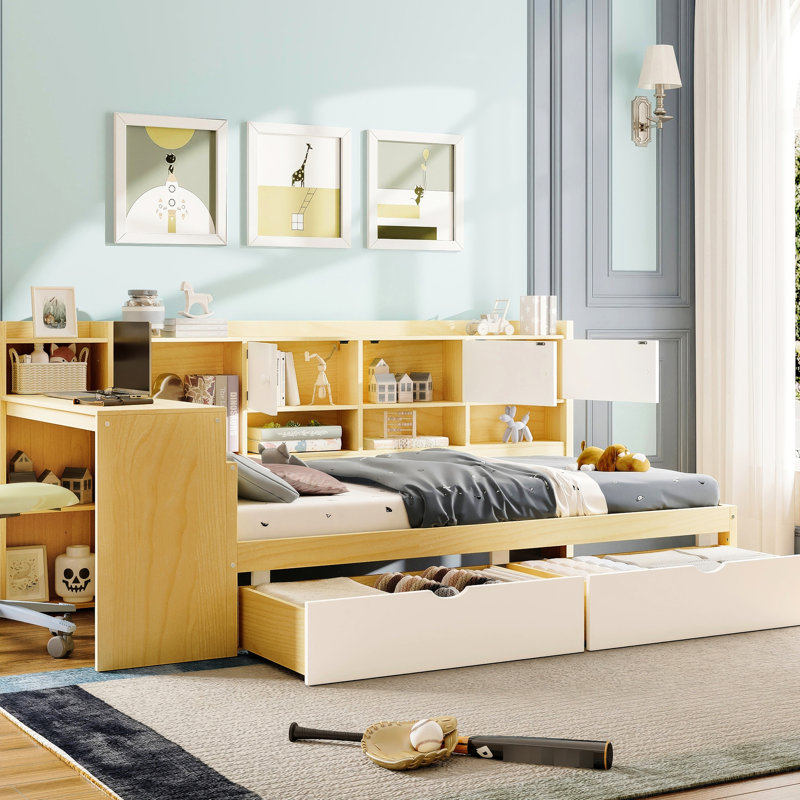 Lit de jour en L avec bureau - simple, naturel et blanc