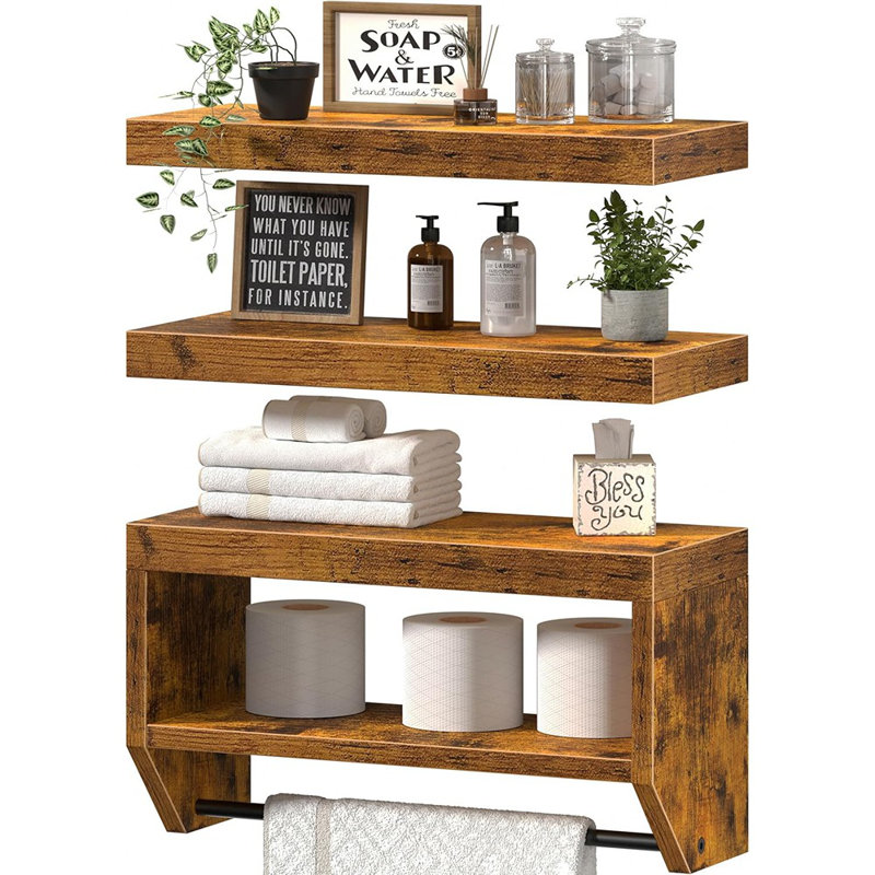 Farmhouse Bathroom Floating Shelves, Set Of 3, Wall-mounted Over-toilet Storage, Rustic Brown
