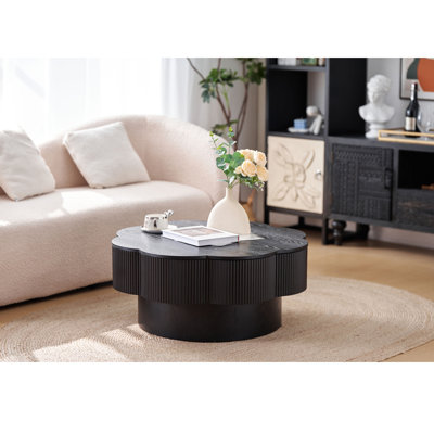 Table basse 31,50 "en forme de fleur moderne, table basse en forme de fleur de prunier avec rangement - placage en bois naturel, pour salon, appartement, bureau, assemblage facile, noir