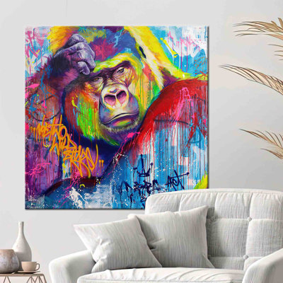Abstrait art gorille coloré sur toile pour une décoration murale moderne avec un chimpanzé réfléchi dans des teintes brillantes, parfait pour ajouter une touche de couleur à n'importe quelle pièce