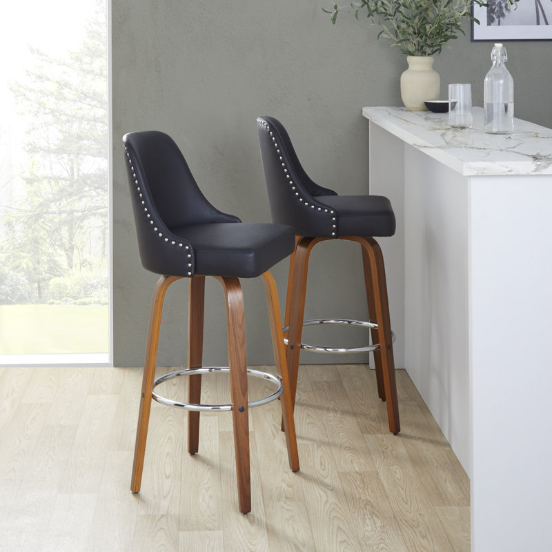 Studded Marcel 30" Fixed-Height Barstool With Bent Wood Legs & Round Footrest - Set Of  2, Walnut/Chrome
