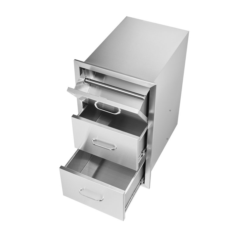 Combo de rangement pour cuisine en acier inoxydable de qualité supérieure - Tiroirs à double accès avec porte-serviettes en papier intégré pour îlot de barbecue