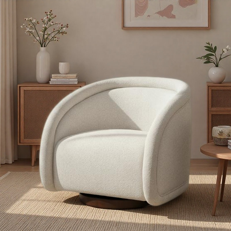 Boucle Swivel Chair With Walnut-Finished Solid Wood Base, Beige