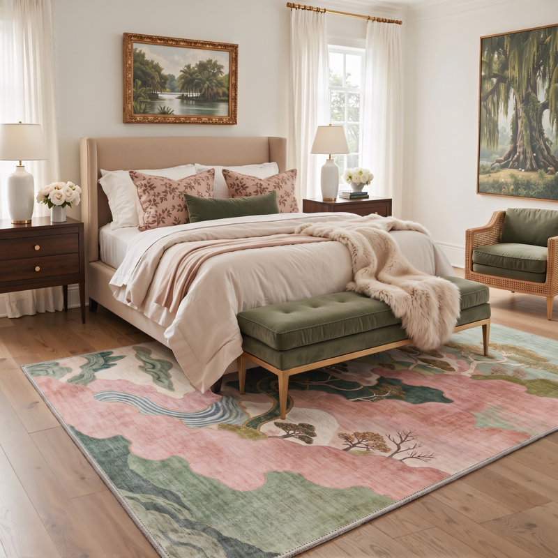Tapis lavable à paysage oriental Ascentia Chinoiserie, Rectangle 9 pi x 12 pi