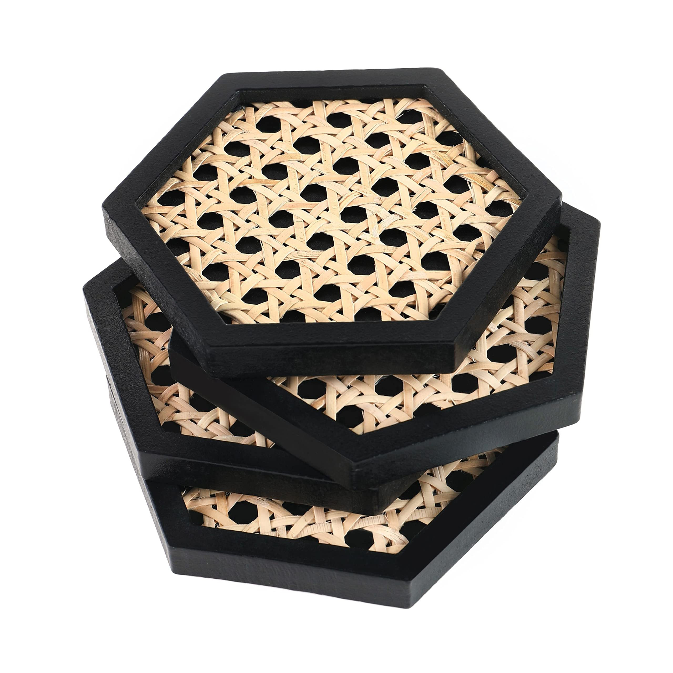 LOVE YOUR BATH LLC Set Of 4 Wooden Rattan Coasters, Stylish Rattan ...