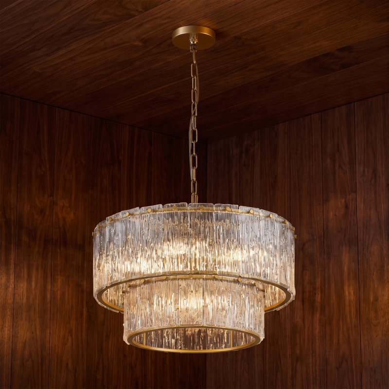 5 Light Gold 2-tiered Glass Adjustable Chandelier, 14.25" H x 24.37" W x 24.37" D, 5 Lights