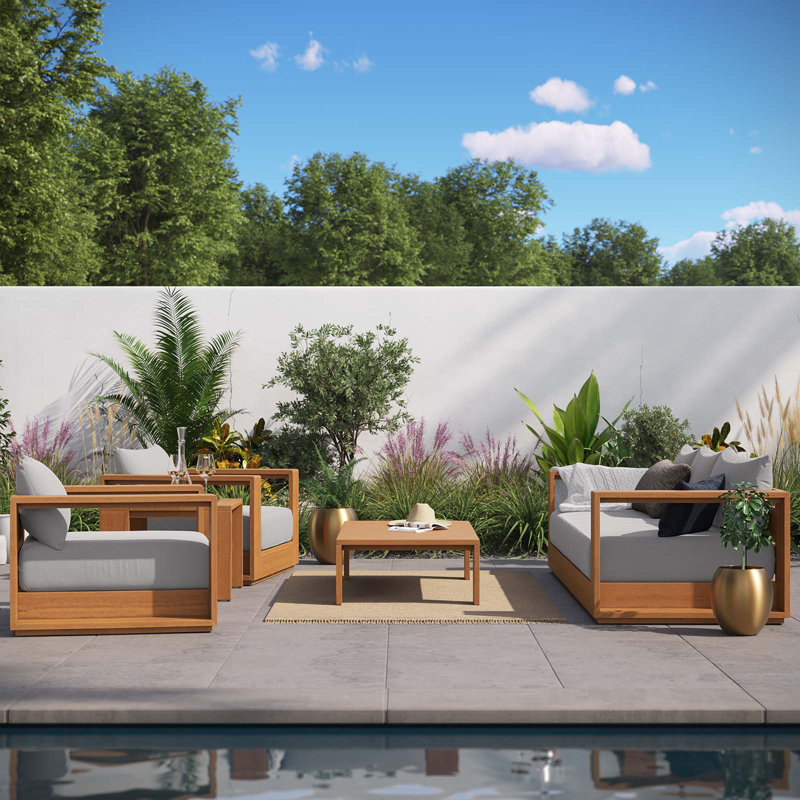 Tahoe Outdoor Patio Acacia Wood 5-Piece Furniture Set In Natural Light Gray