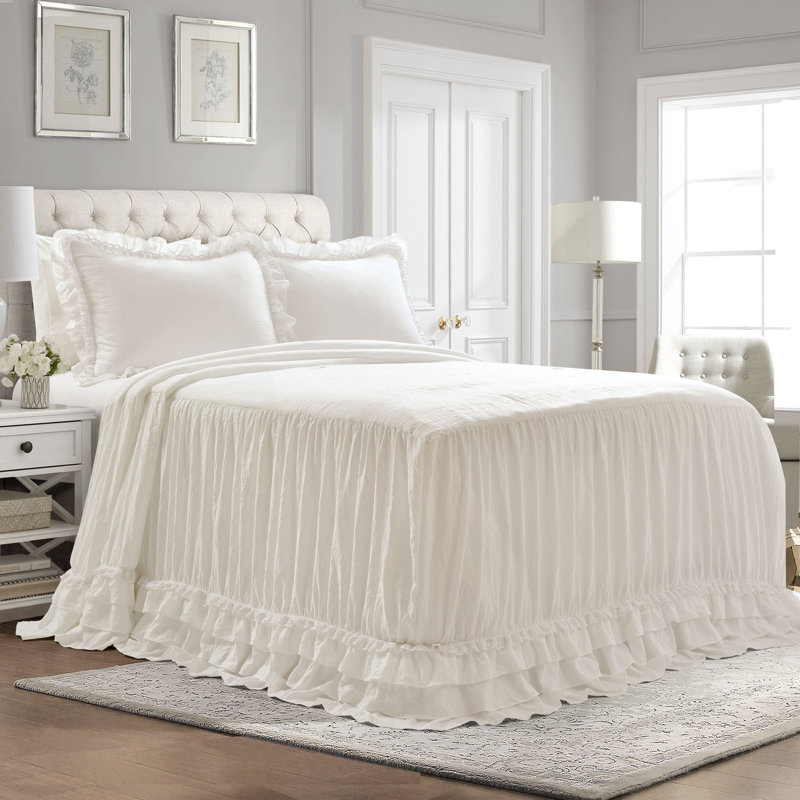 Shabby Elegance Ruffle Lace 3Pc Bedspread Set, Queen Bedspread + 2 Standard Shams, Light Gray