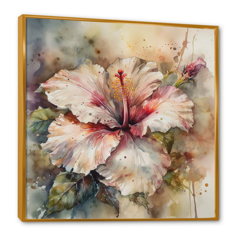 Romay, rose, beige, hibiscus euphorie sur toile, H 16 po x l 16 po x P 1 po, Cadre flottant doré