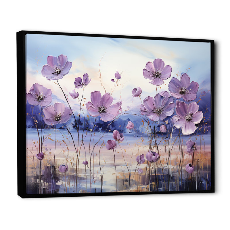 «Violet Flower Meadow Harmony III», art mural grand champ de fleurs, Cadre flottant noir, H 24 po x l 32 po x P 1 po
