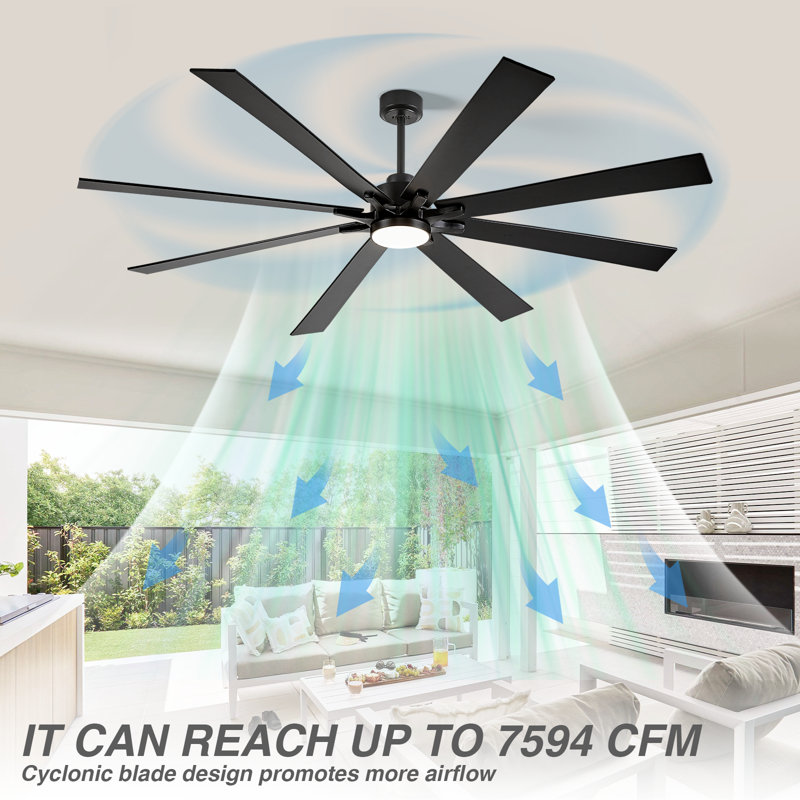 Large 8 Blade Ceiling Fan With Led Light And Smart Features, Black, Black, 72"