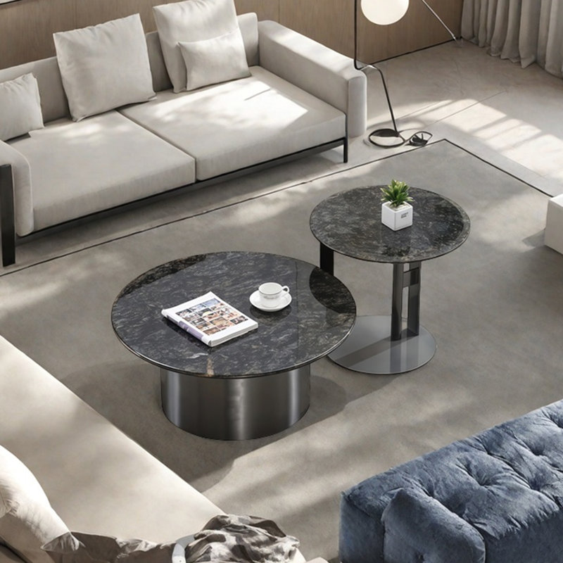 Ensemble de tables basses rondes en marbre, H 13,8 po x L 35,4 po x l 35,4 po, Gris, Gris