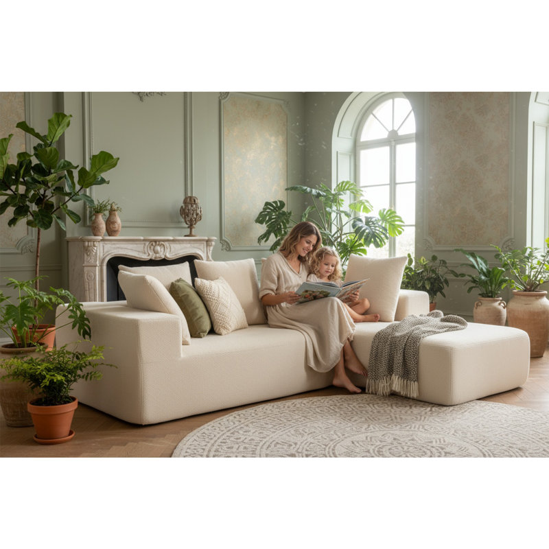 Ensemble de canapé en forme de L 96,46 po avec 5 coussins décoratifs, Polyester beige
