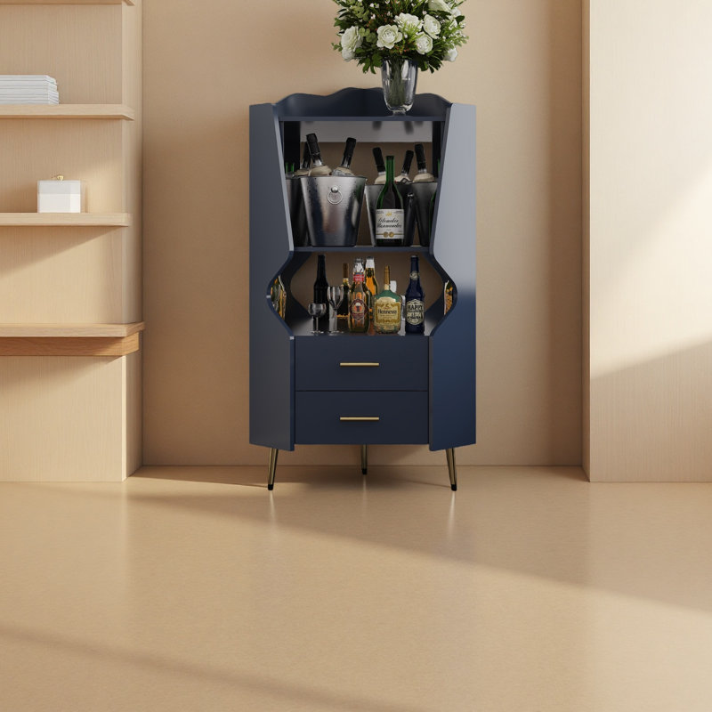 Armoire de bar en bois avec 2 tablettes de rangement ouvertes et 2 tiroirs, armoire à dossier en miroir, pieds et pieds hauts pour un nettoyage facile, armoire de buffet