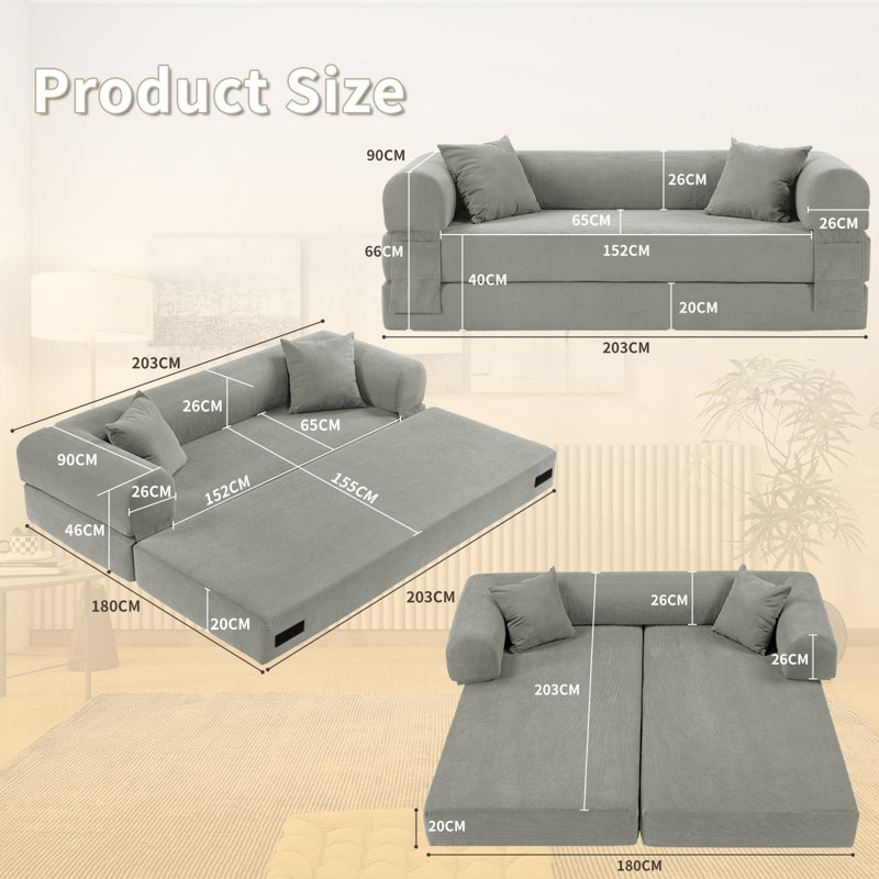 Boneless Convertible Sleeper Sofa Bed with Cylindrical Pillow, Corduroy Folding Mattress Couch, Floor Sofa Sofa-in-a-Box, No Installation & Easy to Transport, Deep Seat
