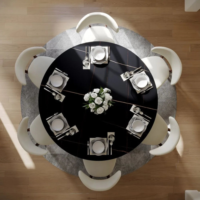 Table de salle à manger moderne en pierre frittée moderne avec base piédestal, pré-assemblé, Noir, 29.53"H x 47"L x 47"W