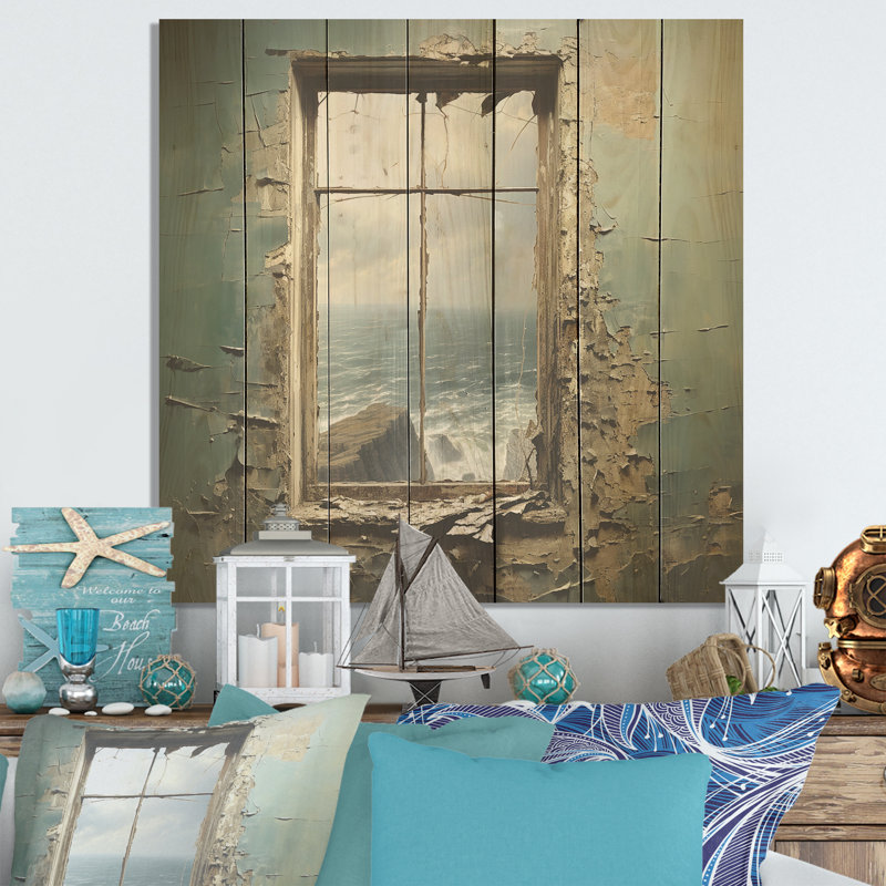 Cliffside Window View Gaze - Coastal Windows On Wood Print, 15" H x 15" W