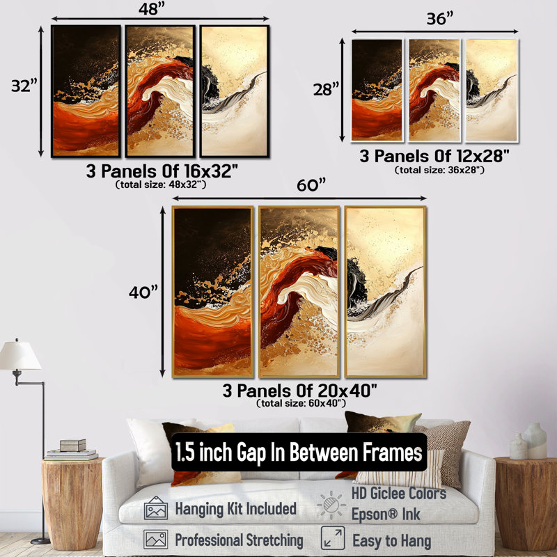«Red and Golden Desert Wave II», ensemble d'art mural paysages abstraits, H 28 po x l 36 po, Reproduction avec cadre flottant