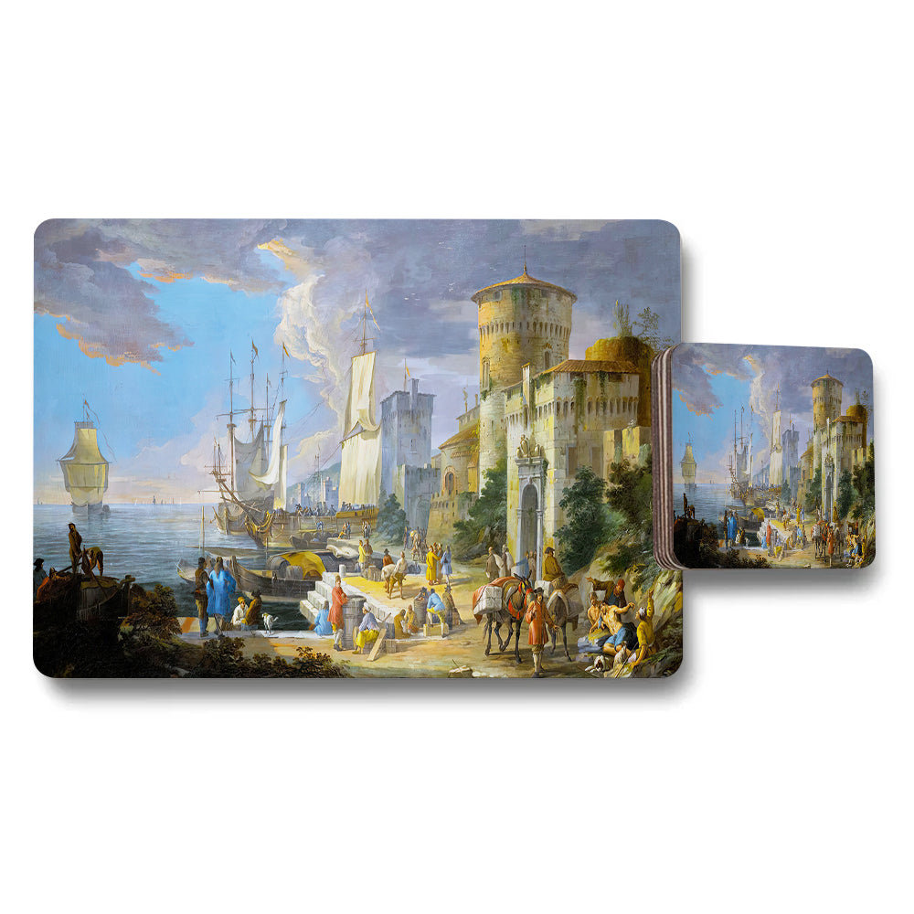 Harbor Scene Placemats and Coaster Set Featuring Vintage Ship Painting