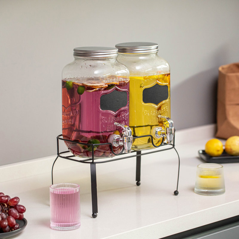 Ensemble de distributeur de boissons en verre 2 pièces avec support en métal, embouts en acier inoxydable et panneaux noirs Basicwise