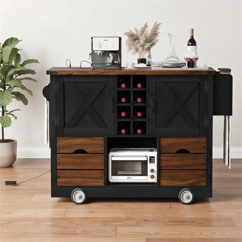 Rolling Kitchen Island With Drop Leaf, Power Outlet, 2 Cabinets, 2 Drawers, 4 Large Wheels, Spice Rack And Removable Hollow Wine Rack