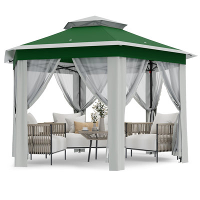Pavillon de jardin hexagonal 13 po x 13 pi avec moustiquaire, auvent extérieur hexagonal réglable avec sac à main portatif