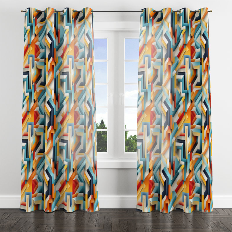 Bleu et orange Geo Haze I - Rideau à œillets moderne - Velours obscurcissant - 1 panneau, L 52 po x L 63 po, Œillets dorés