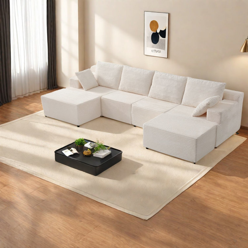 Canapés modulaires Cloud à compression, 6 places, velours côtelé blanc, style moderne pour la maison familiale, White