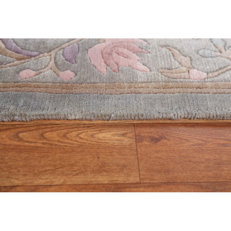Tapis népalais en laine noué à la main gris / rose clair / mauve clair / orange pastel 5 pi 9 po x 7 pi 9 po