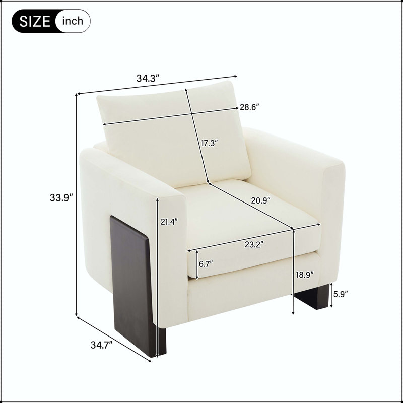 Fauteuil club moderne avec accoudoirs architecturaux et pieds en bois d'hévéa, Chenille beige