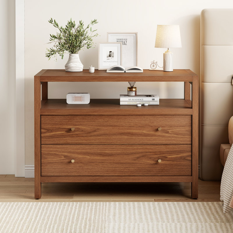 Table de chevet en noyer à 2 tiroirs de 81,5 cm de large avec rangement ouvert, Brun