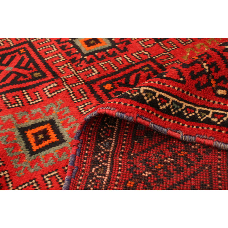 Tapis de couloir en laine de style noué à la main des années 1980 de conception unique 4 pi 11 po x 9 pi 11 po Tapis décoratif rouge