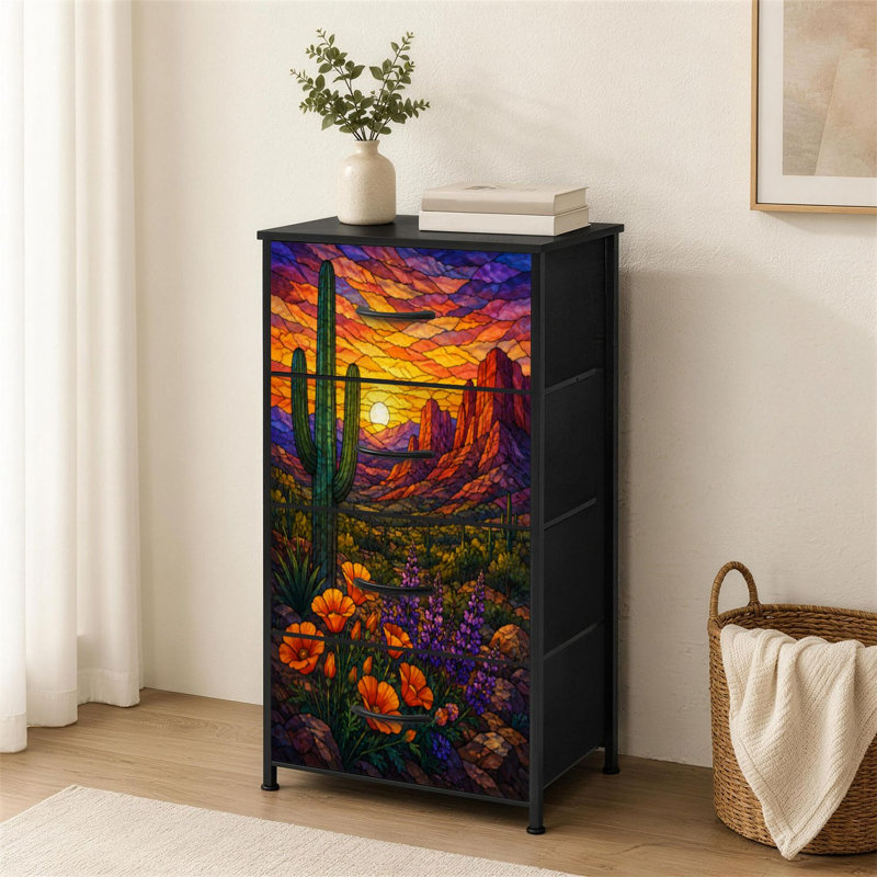 Commode 4 tiroirs pour chambre à coucher cactus vitrail Western Sunset fleur rouge roche désert paysage petite grande commode pour vêtements