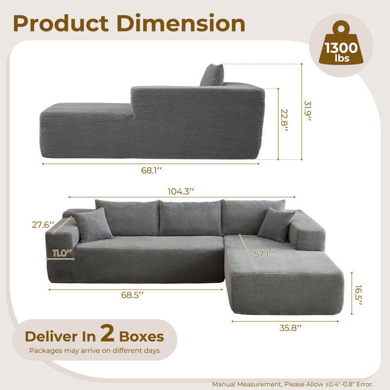 Compression Packed 2-piece Upholstered Boneless Sectional - No Assembly Required, Right Hand Facing, Grey Polyester/Corduroy