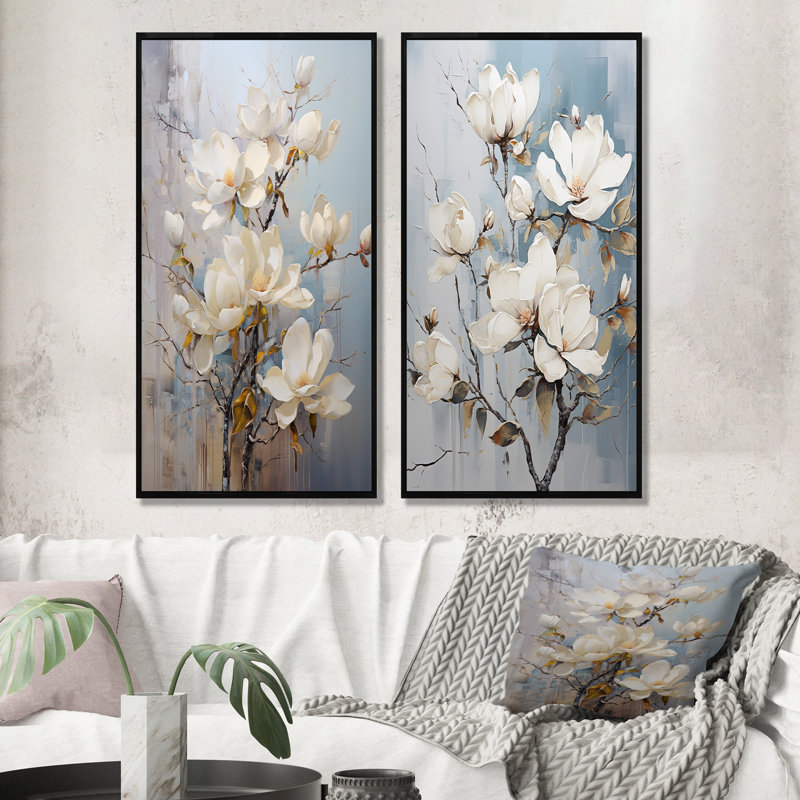 Ensemble de 2 décorations murales blanc et bleu Magnolia Blossom Beauty - Magnolias, H 32 po x l 33 po, Cadre noir