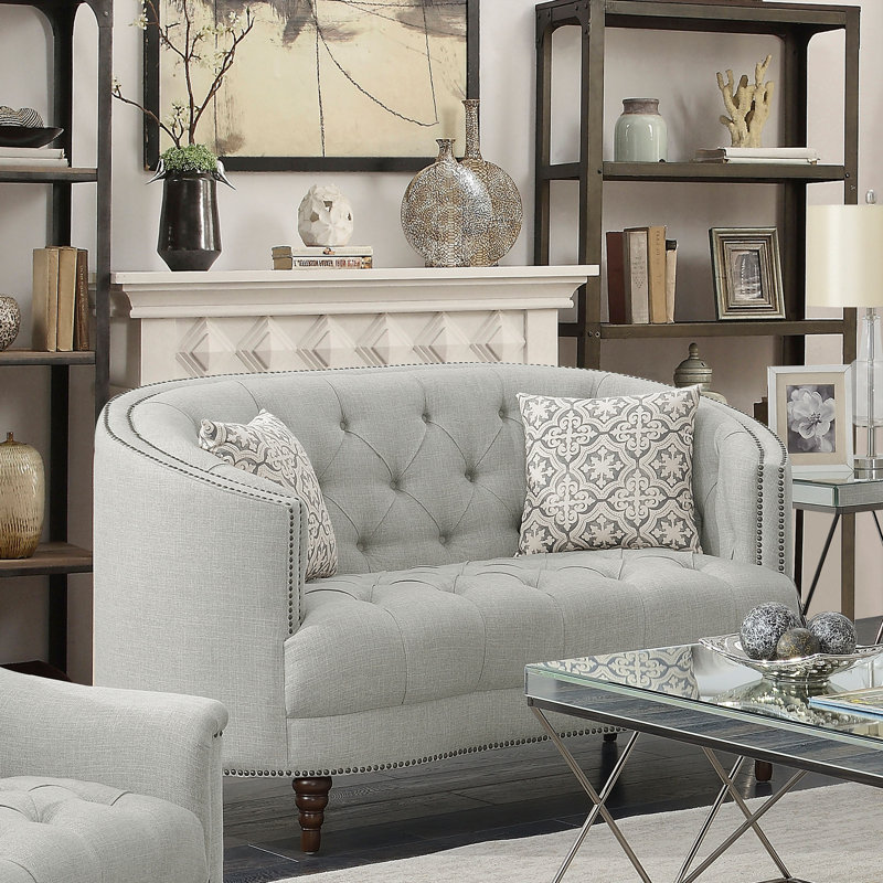 Gray Tufted Microfiber Loveseat with Nailhead Trim